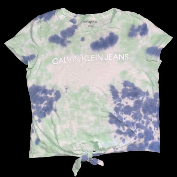 Calvin Klein Jeans Womens Blue Green Tie Dye Tie Front Shirt Size Medium - Picture 7 of 7